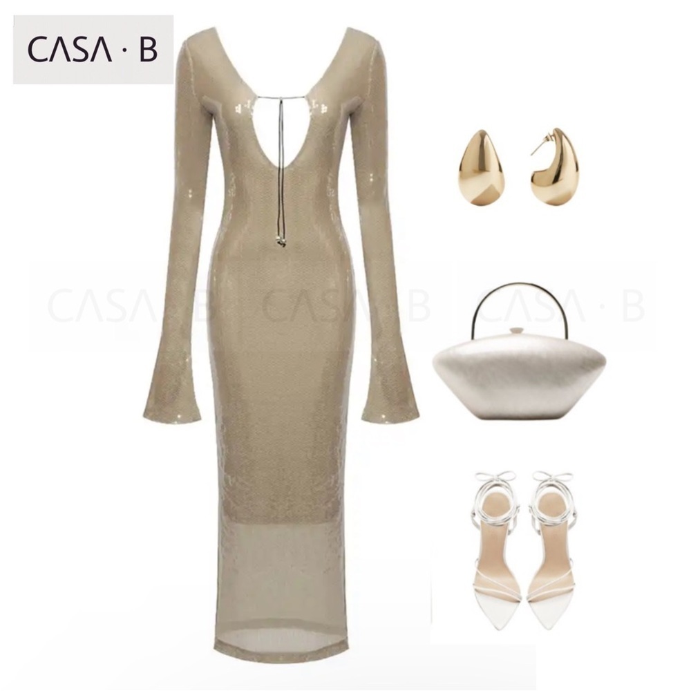 NEW to CASA B💫| Paris Sequin Keyhole Flare Sleeve Midi Gold Dress in Champagne